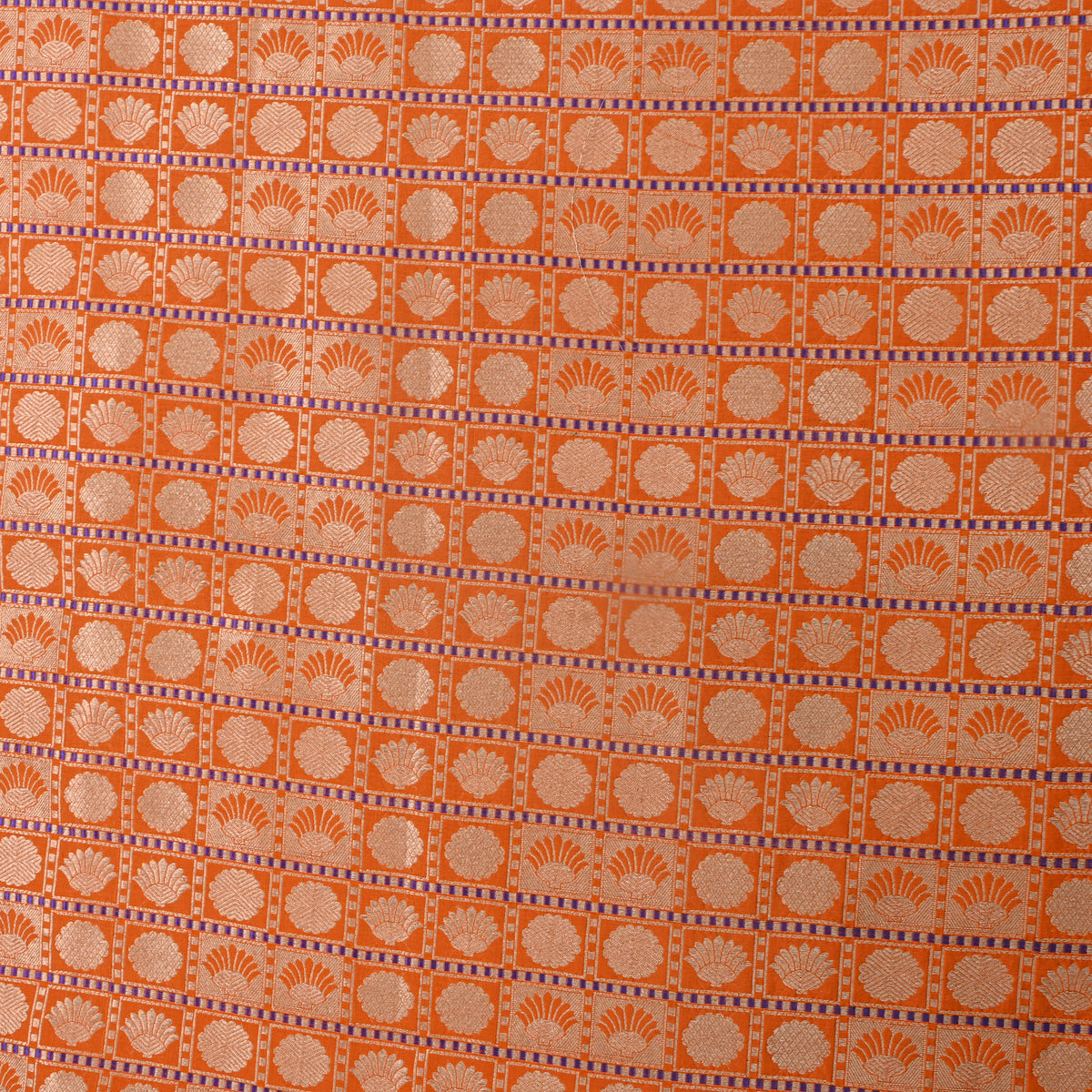 Orange Butti Checks Jamawar Silk Fabric
