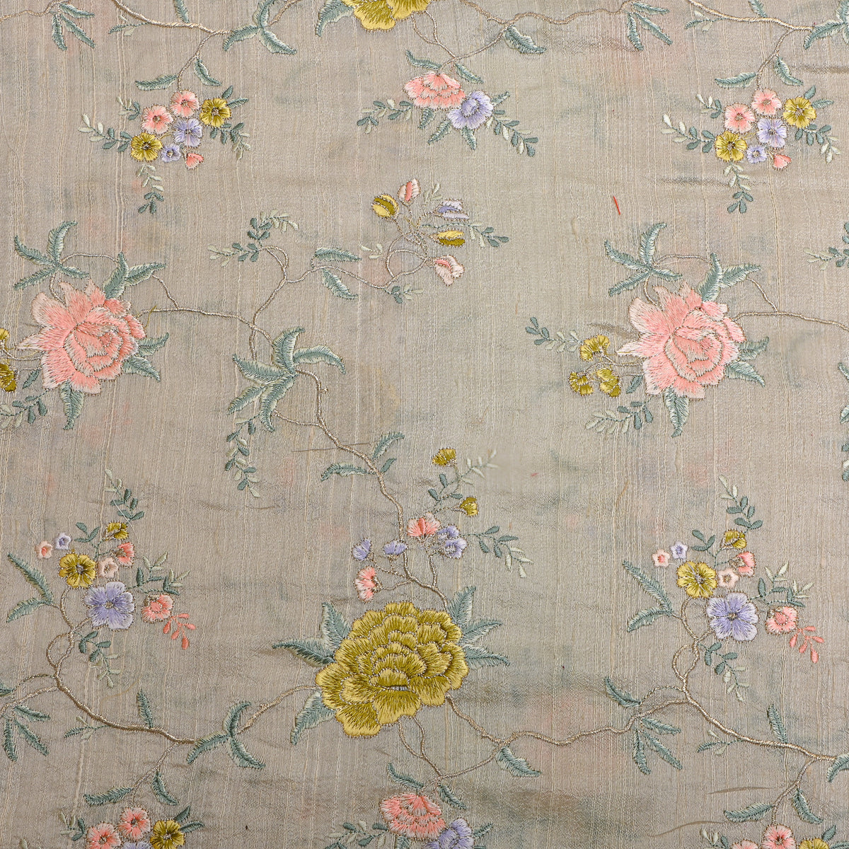 Gray Gold Floral Jaal Thread Work Raw Silk Fabric
