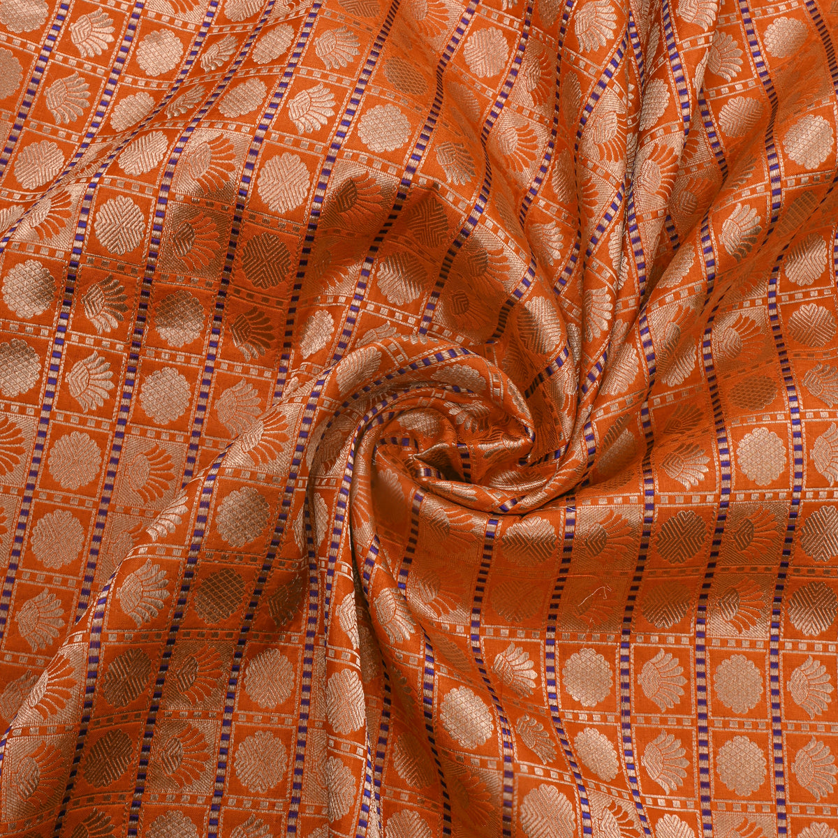 Orange Butti Checks Jamawar Silk Fabric