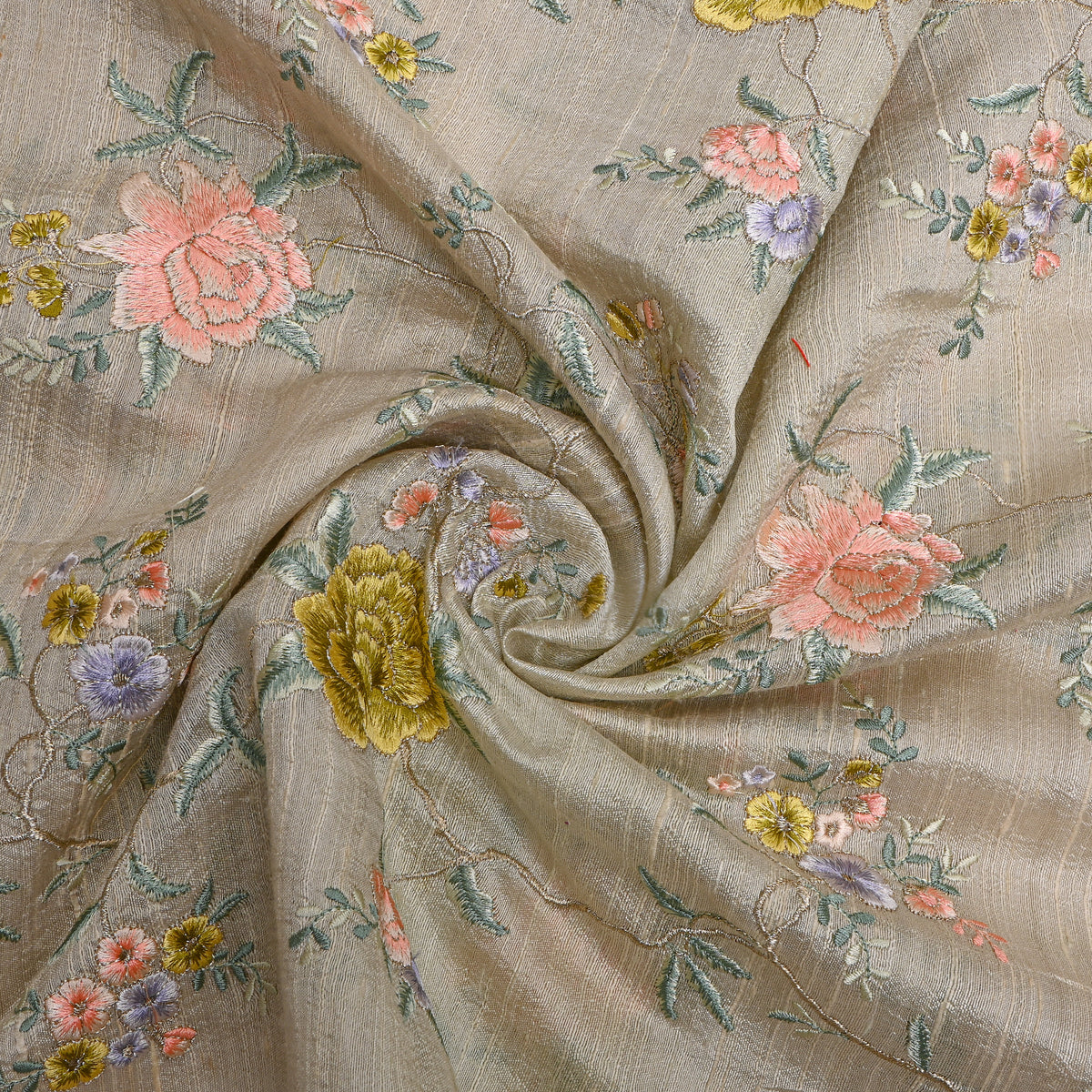 Gray Gold Floral Jaal Thread Work Raw Silk Fabric