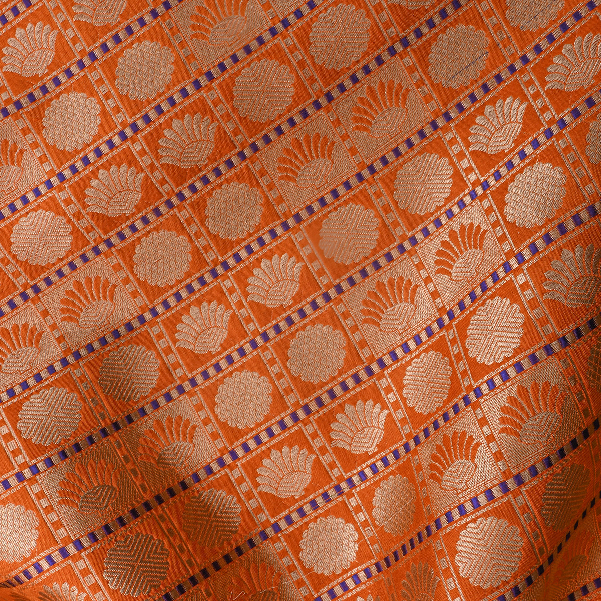Orange Butti Checks Jamawar Silk Fabric