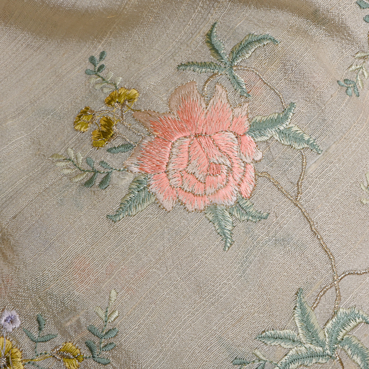 Gray Gold Floral Jaal Thread Work Raw Silk Fabric