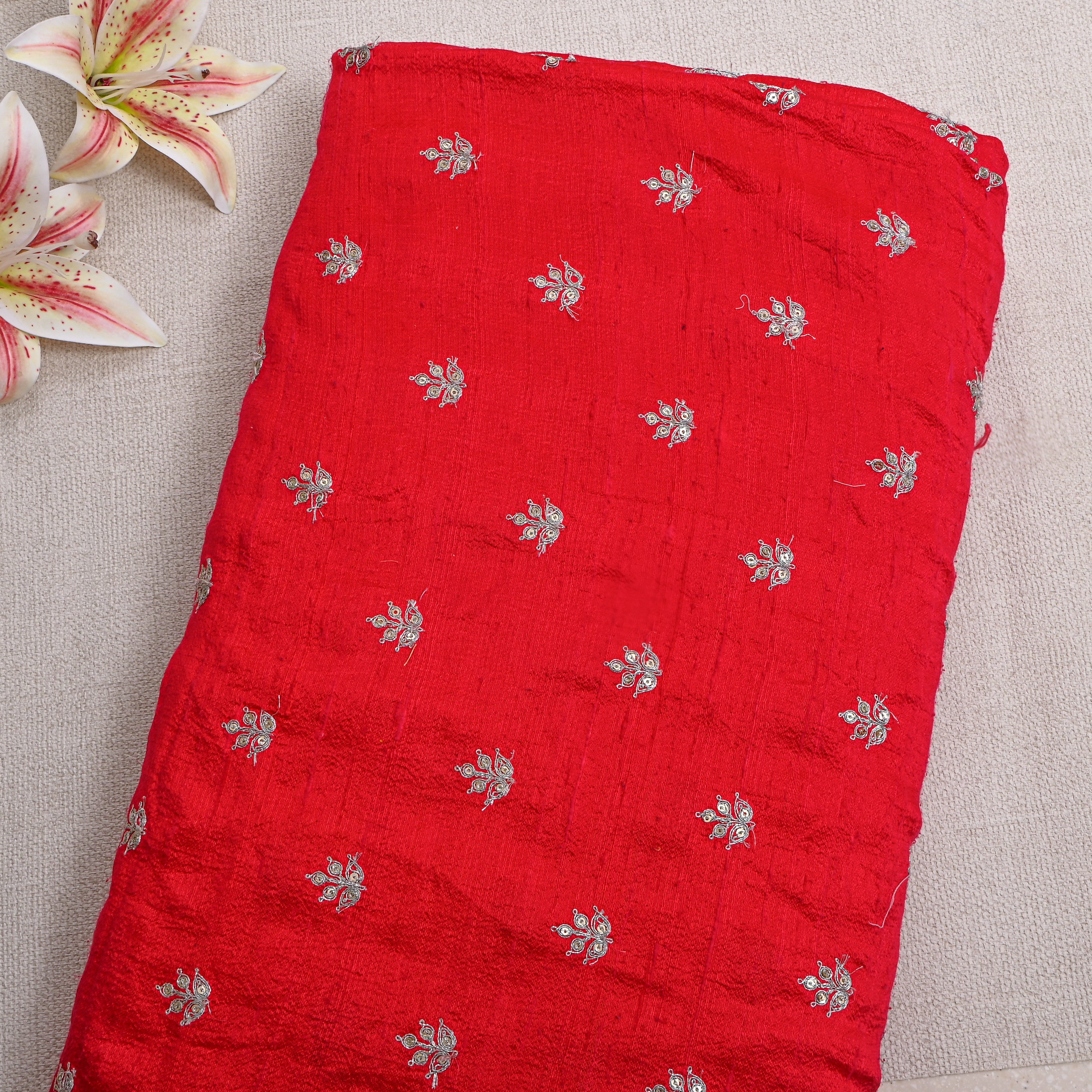 Bright Red With Silver Zari Butti Raw Silk Fabric