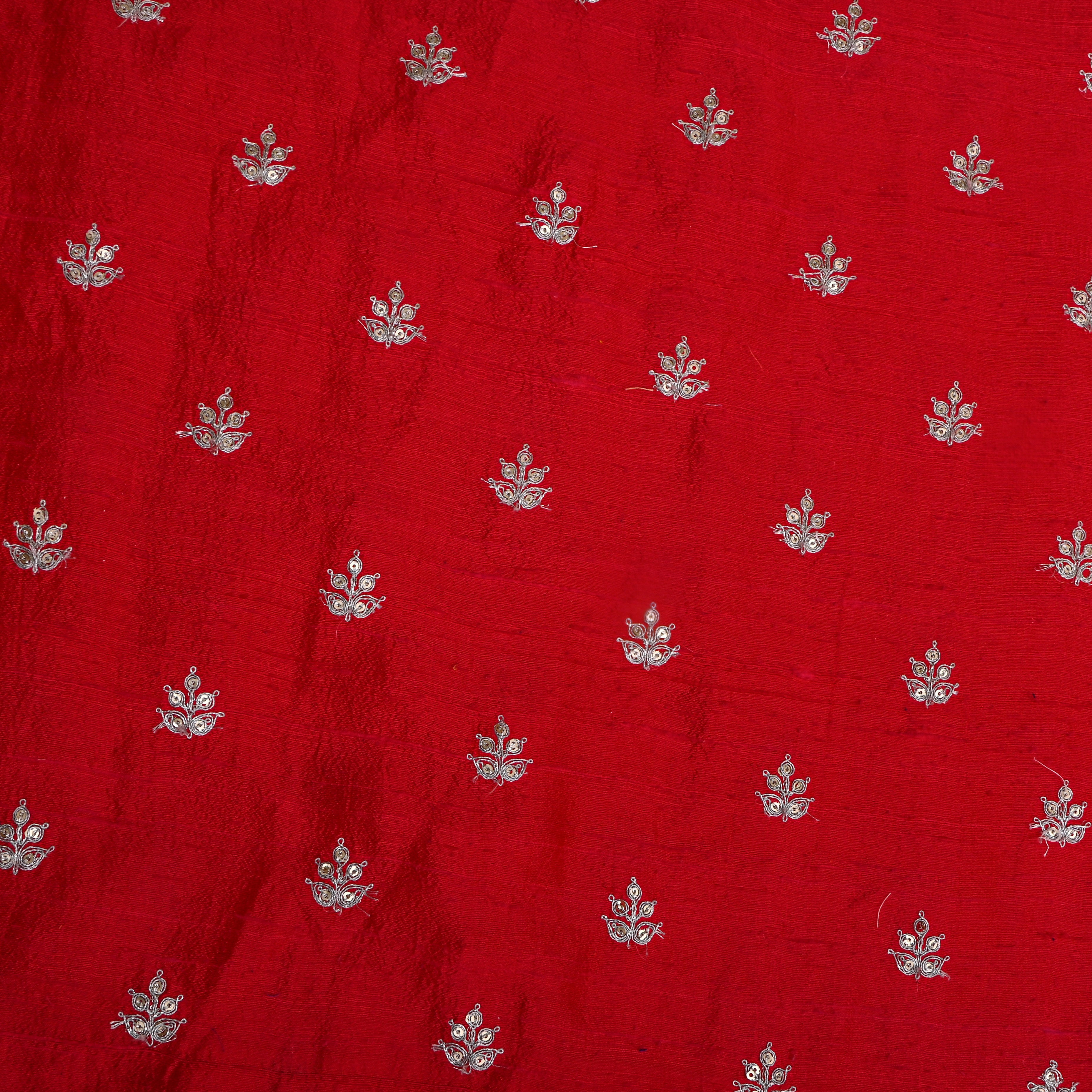 Bright Red With Silver Zari Butti Raw Silk Fabric
