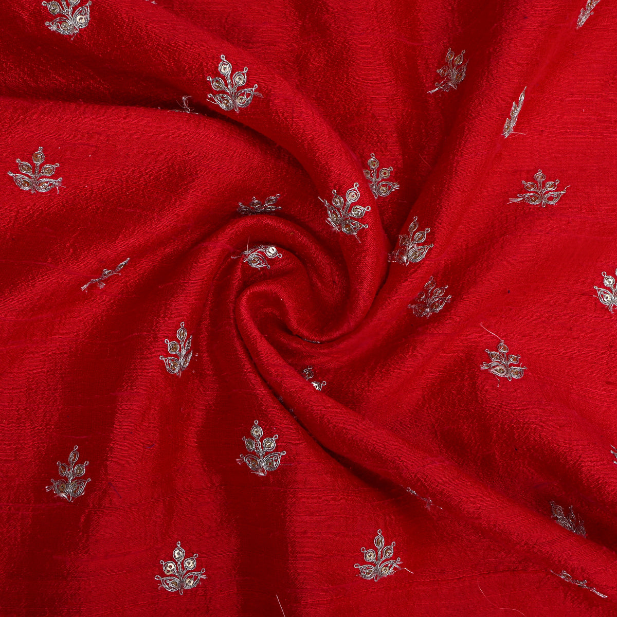 Bright Red With Silver Zari Butti Raw Silk Fabric