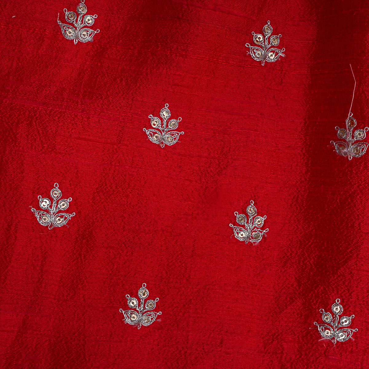 Bright Red With Silver Zari Butti Raw Silk Fabric