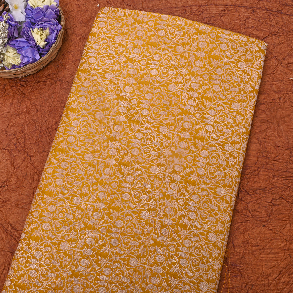 Mustard Yellow Jamawar Silk Fabric With Gold Zari Brocade Weave