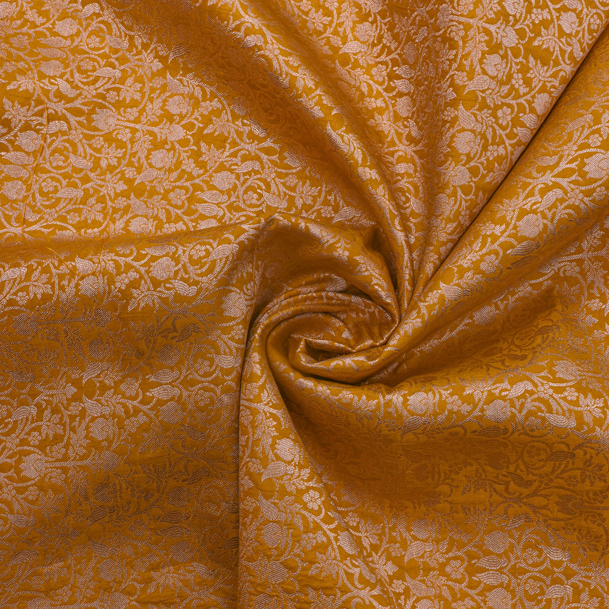 Mustard Yellow Jamawar Silk Fabric With Gold Zari Brocade Weave