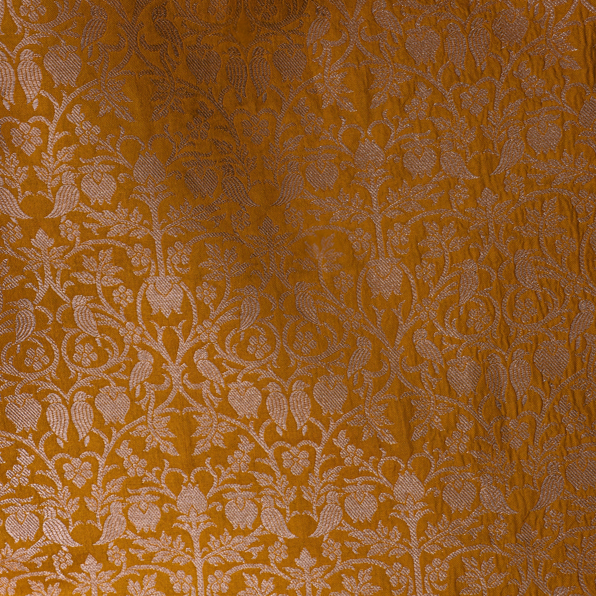 Mustard Yellow Jamawar Silk Fabric With Gold Zari Brocade Weave