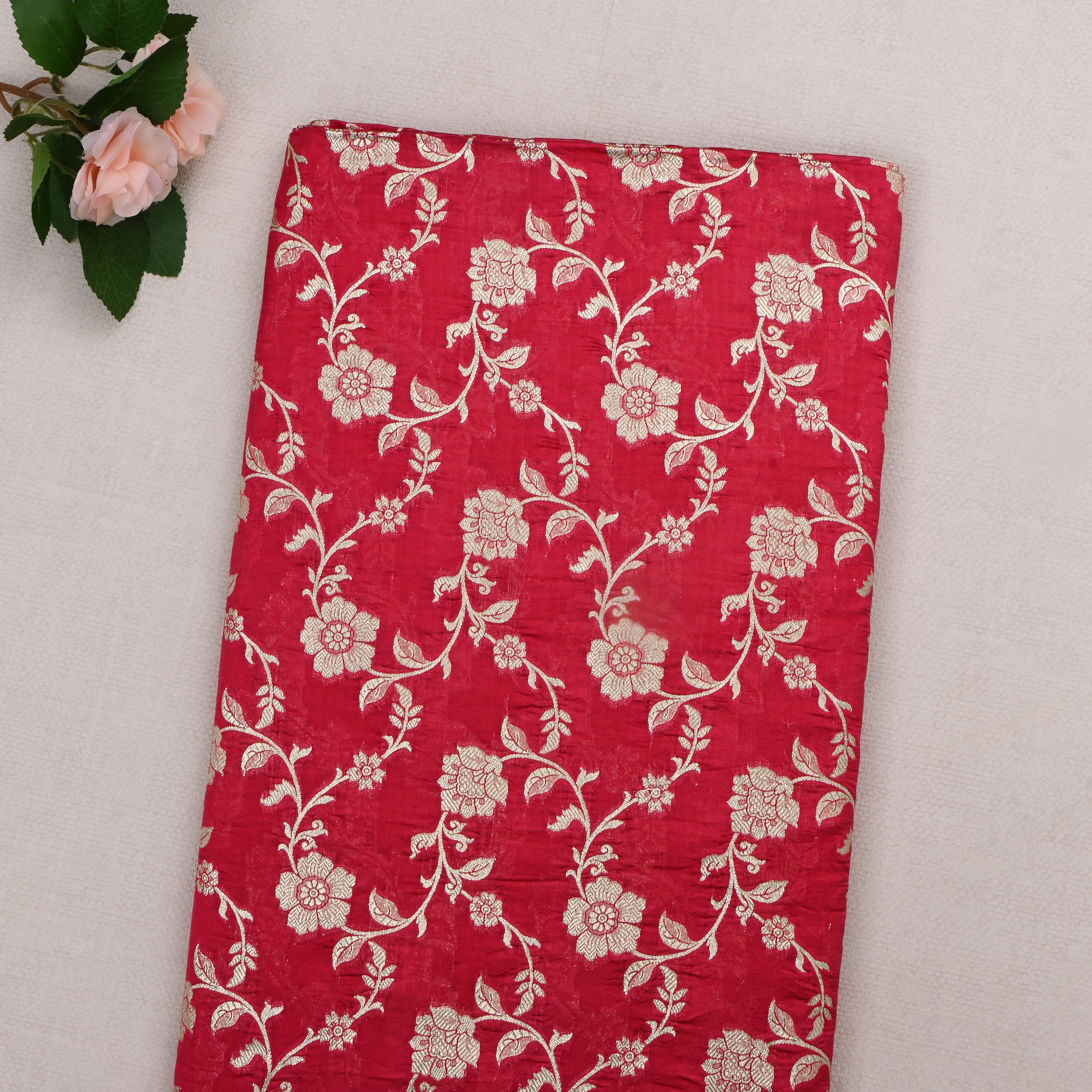 Cardinal Red Jamawar Silk Fabric With Floral Jaal