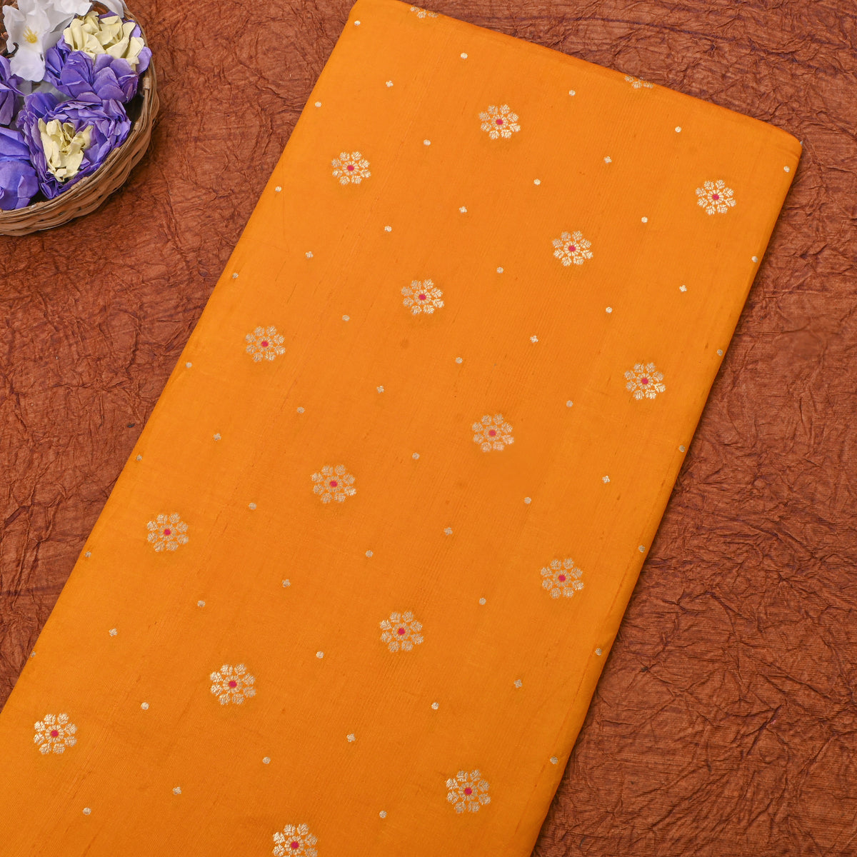 Mustard Orange Floral Butti Self Weave Banarasi Silk Fabric