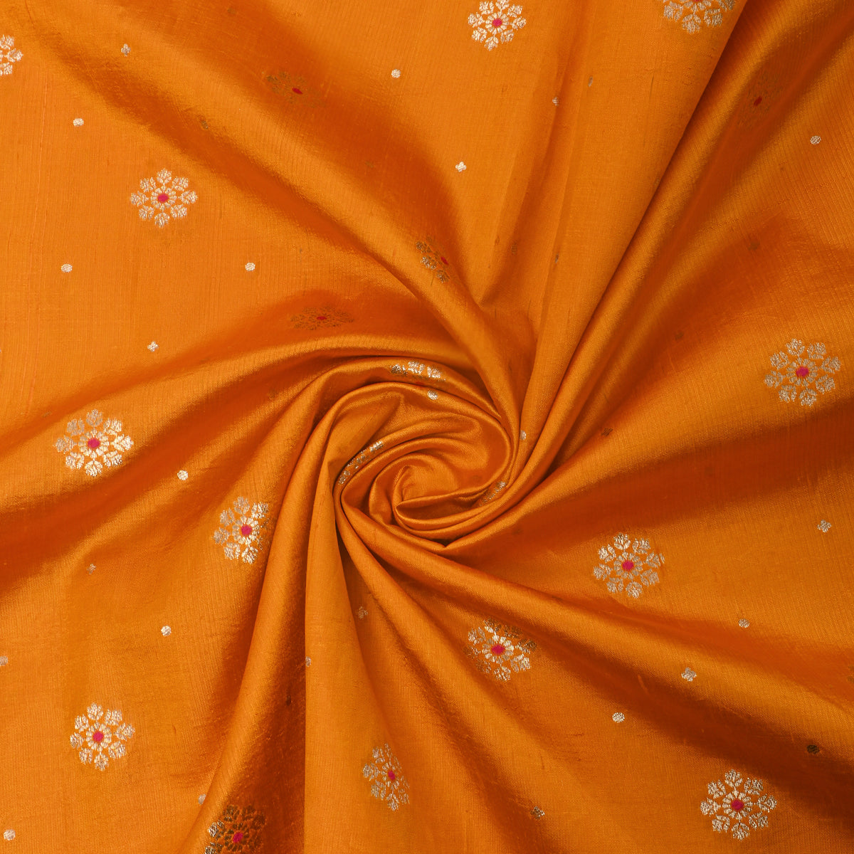 Mustard Orange Floral Butti Self Weave Banarasi Silk Fabric
