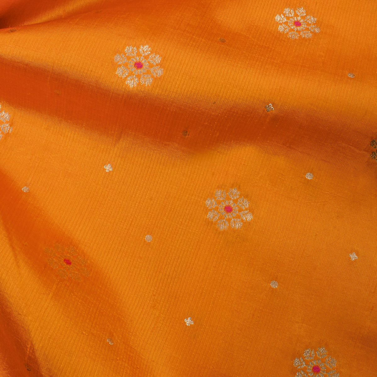 Mustard Orange Floral Butti Self Weave Banarasi Silk Fabric