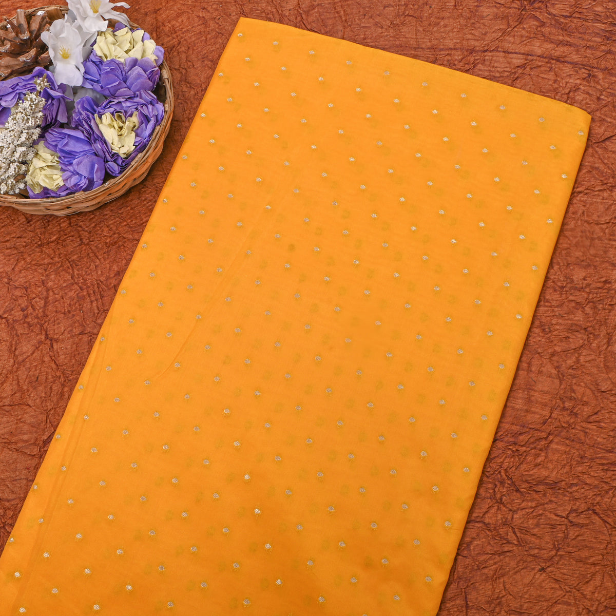 Mustard Yellow Gold Zari Butti Jamawar Silk Fabric