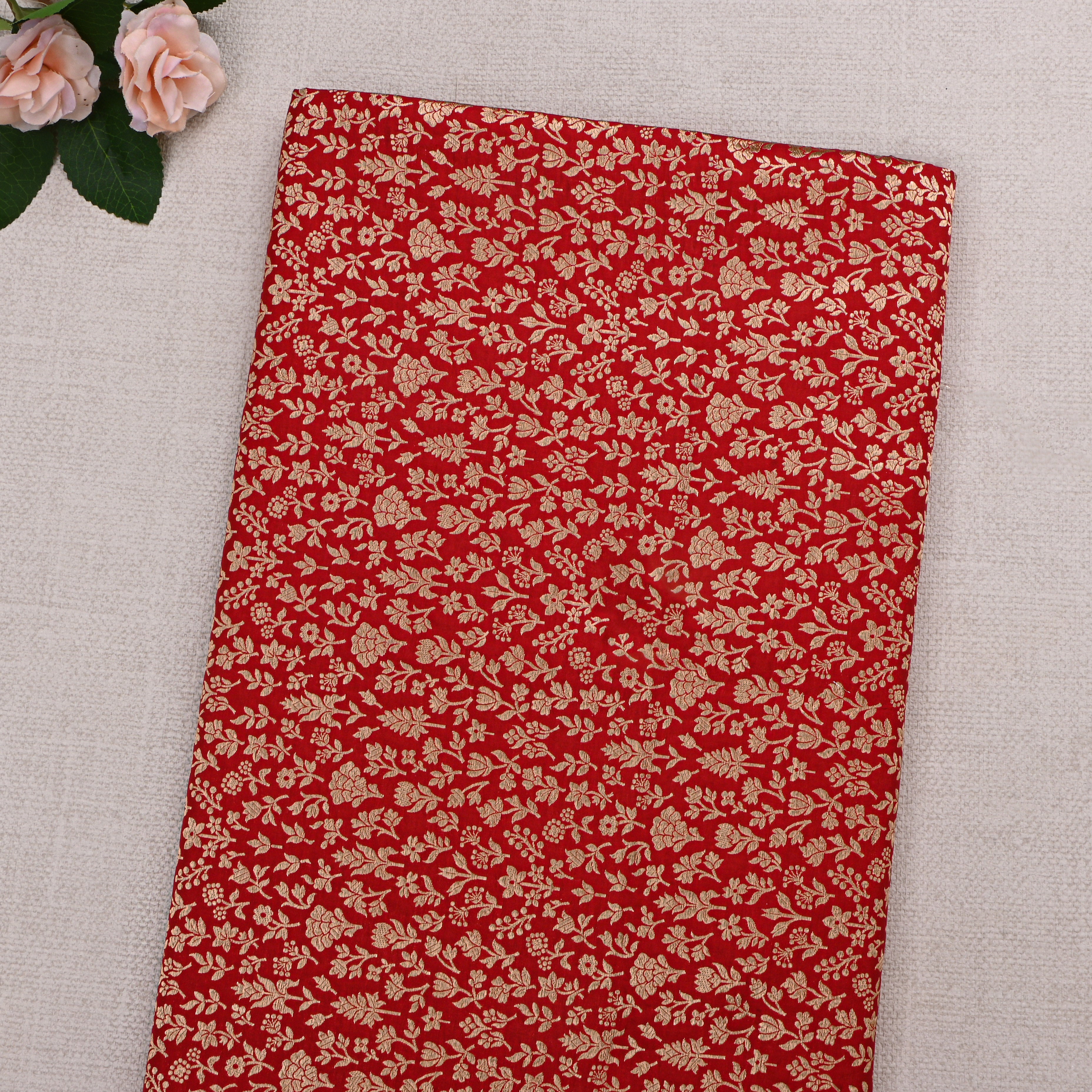 Red Devil Jamawar Silk Fabric With Floral And Leaf Design