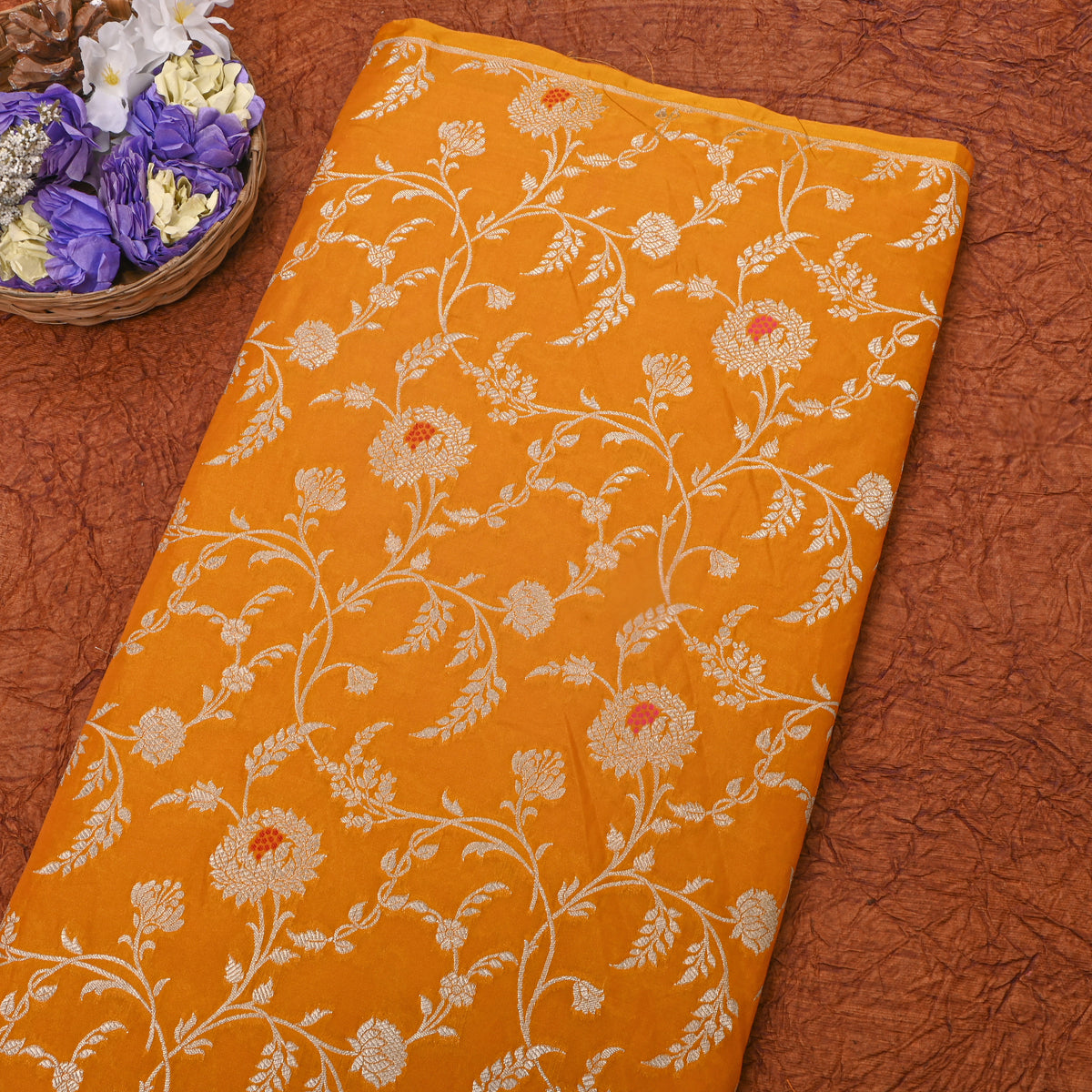Yellow Gold Zari Floral Jaal Banarasi Silk Fabric