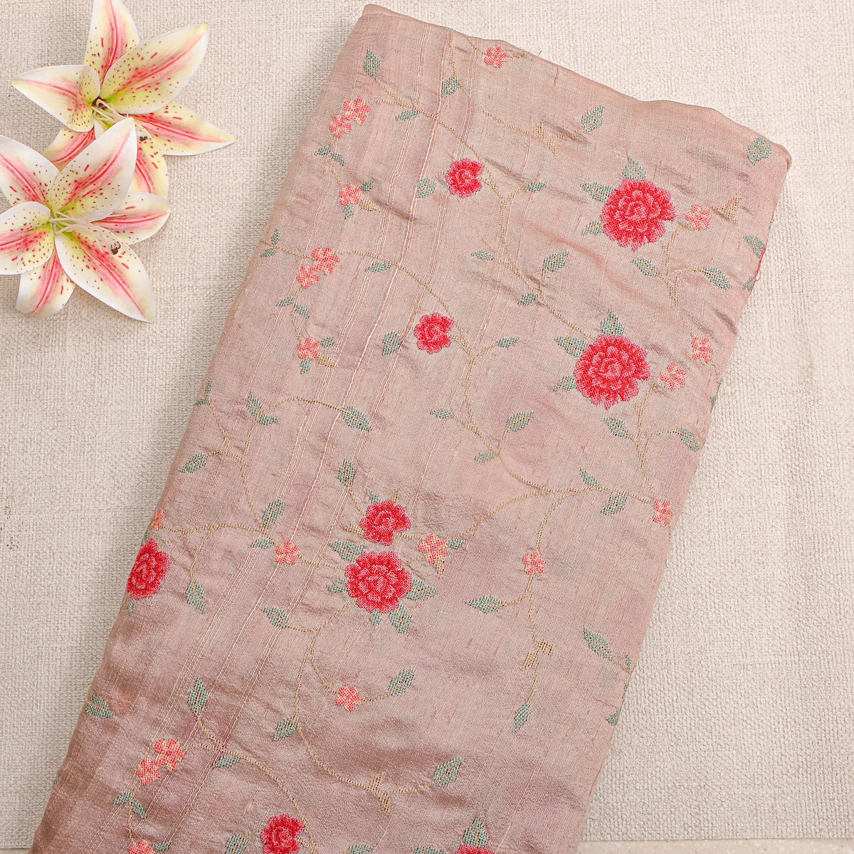 Pink Floral Jaal Thread Work Raw Silk Fabric