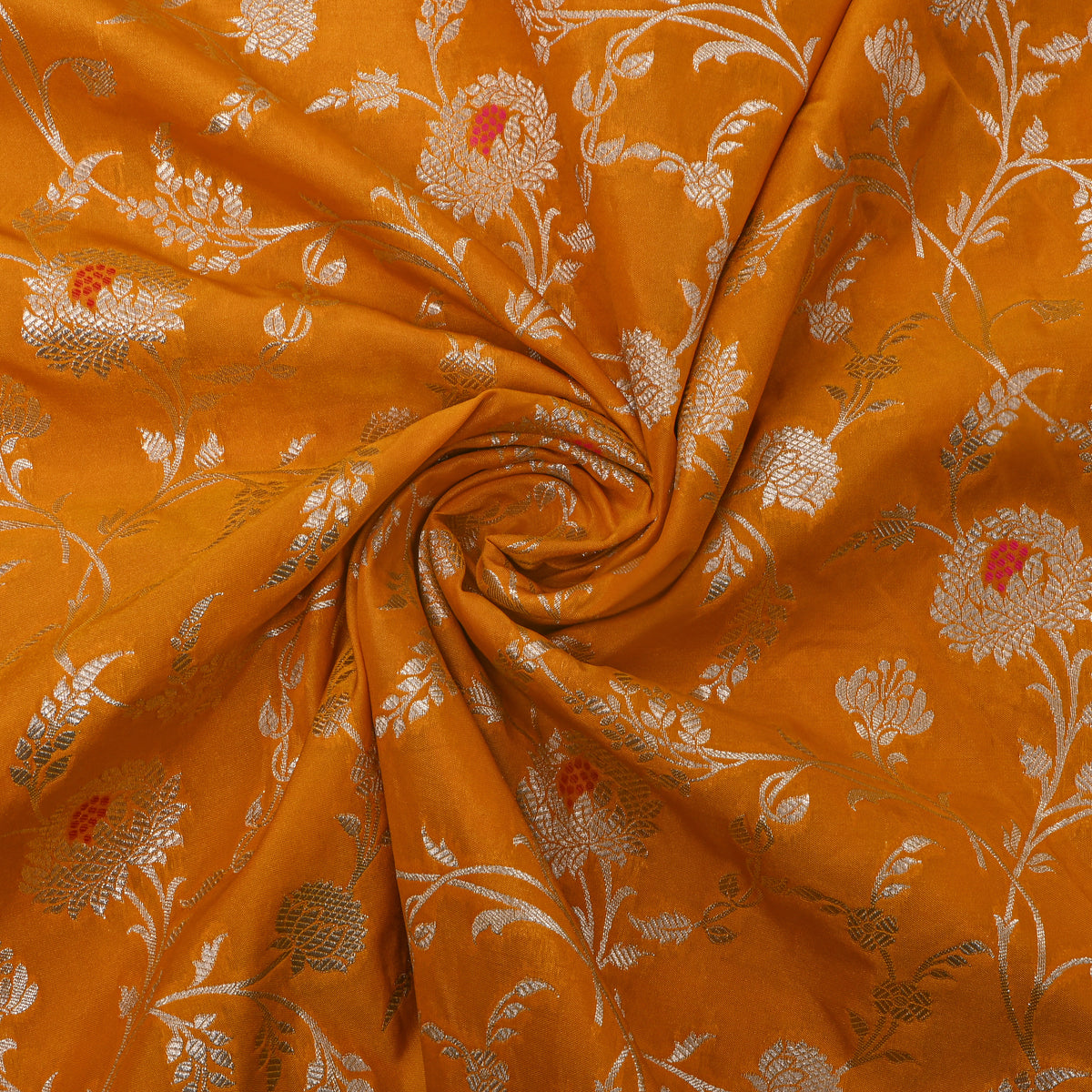 Yellow Gold Zari Floral Jaal Banarasi Silk Fabric