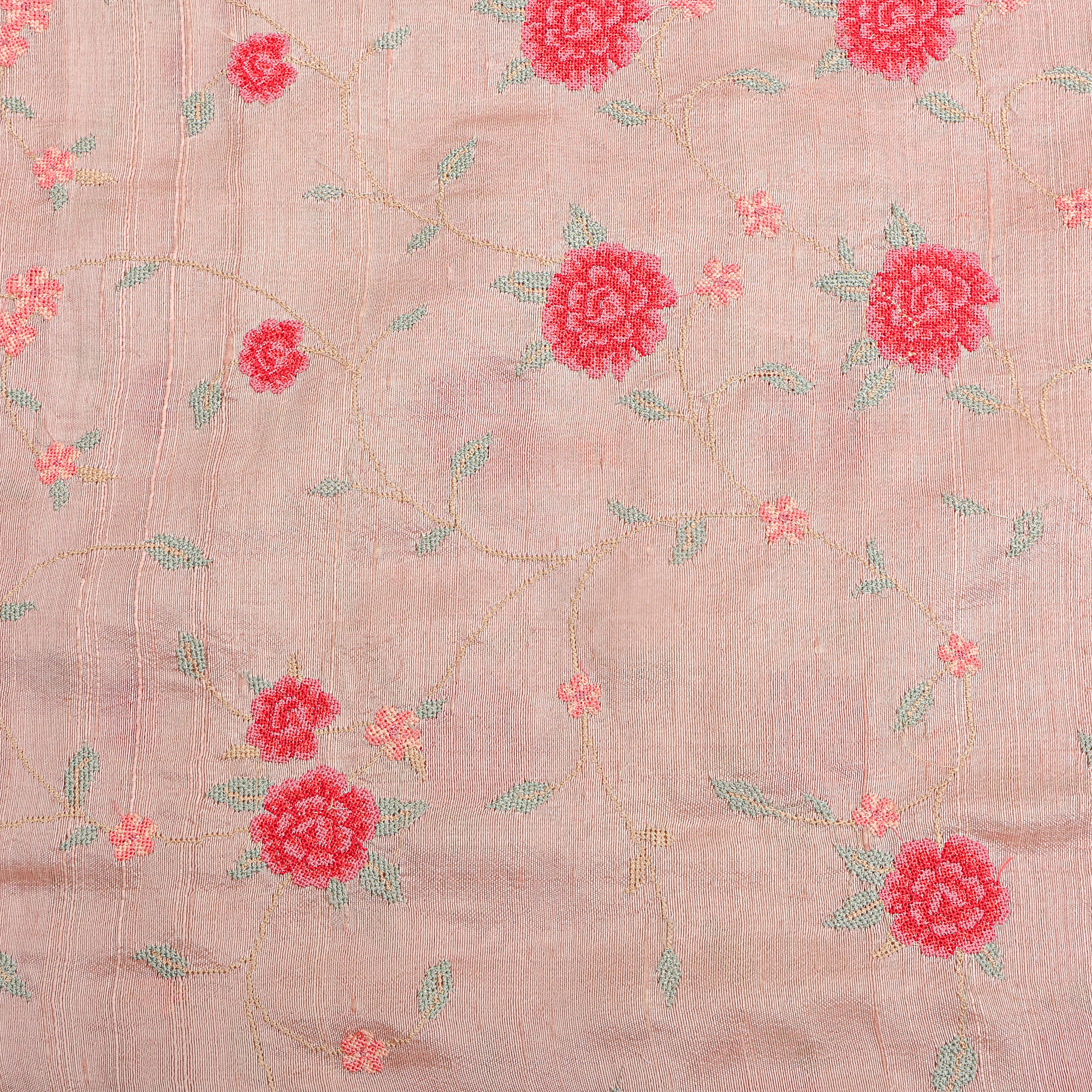 Pink Floral Jaal Thread Work Raw Silk Fabric