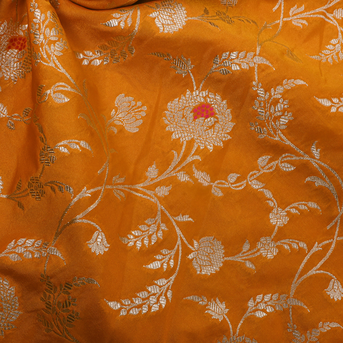 Yellow Gold Zari Floral Jaal Banarasi Silk Fabric