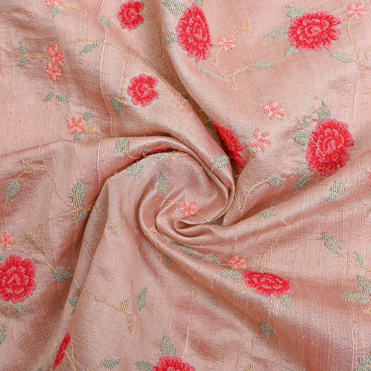 Pink Floral Jaal Thread Work Raw Silk Fabric