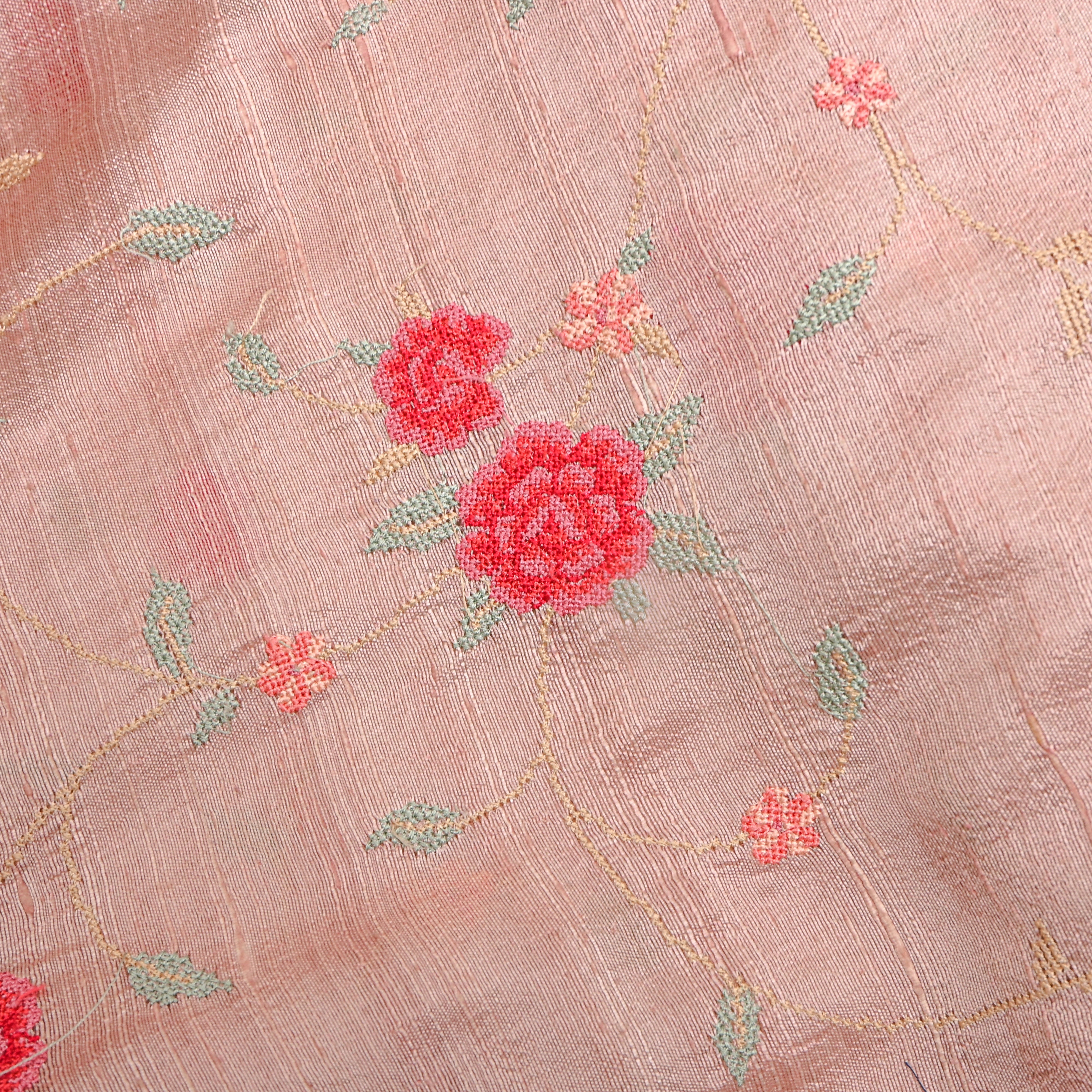 Pink Floral Jaal Thread Work Raw Silk Fabric