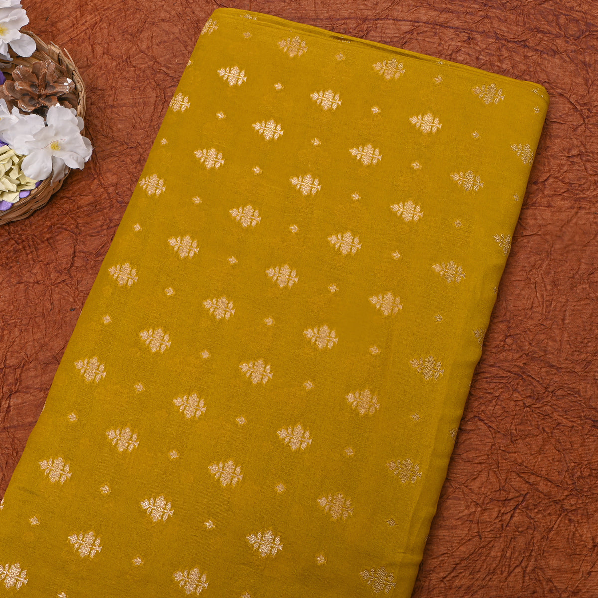 Sap Green Gold Zari Butti Jamawar Silk Fabric