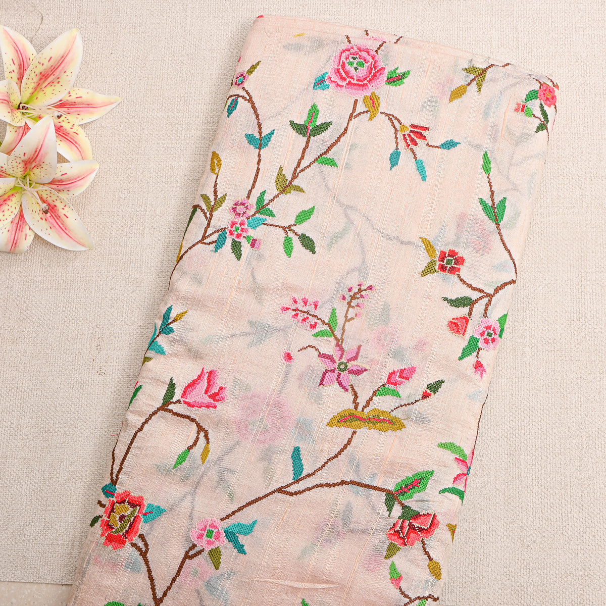 White Floral Jaal Bird Thread Work Raw Silk Fabric