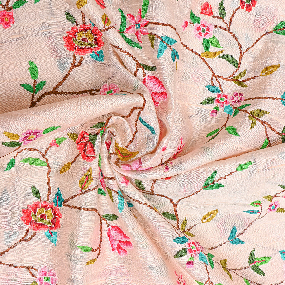 White Floral Jaal Bird Thread Work Raw Silk Fabric