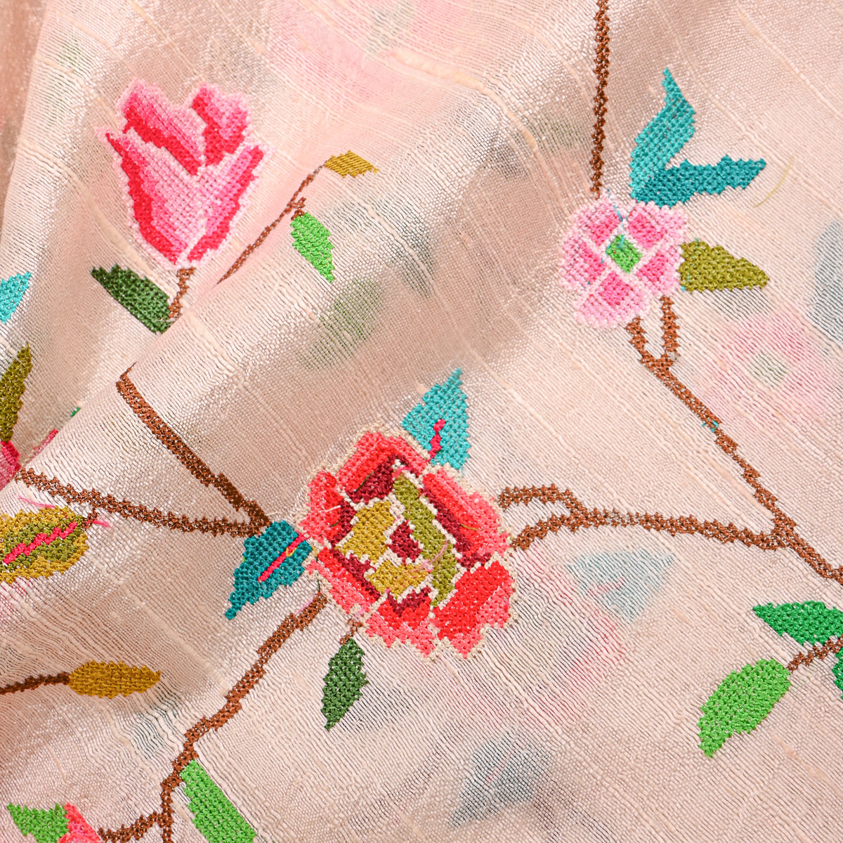 White Floral Jaal Bird Thread Work Raw Silk Fabric