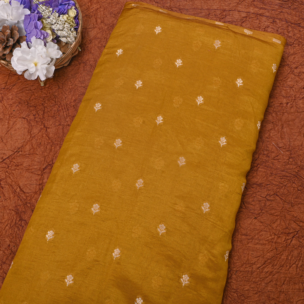 Mustard Yellow Gold Zari Floral Butti Bnarasi Silk Fabric
