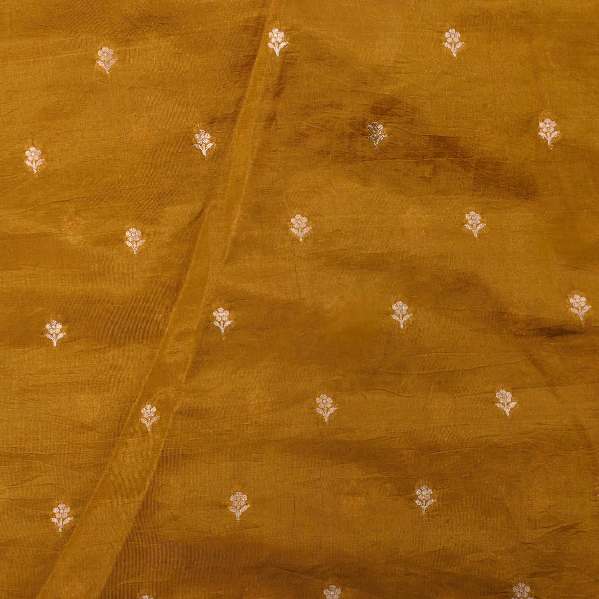 Mustard Yellow Gold Zari Floral Butti Bnarasi Silk Fabric