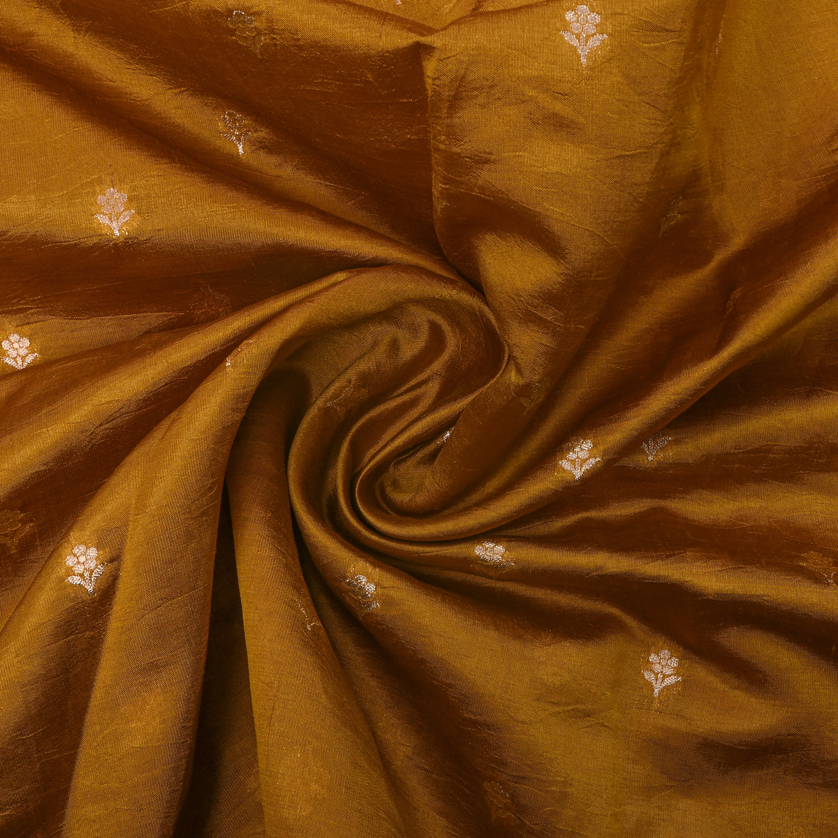 Mustard Yellow Gold Zari Floral Butti Bnarasi Silk Fabric