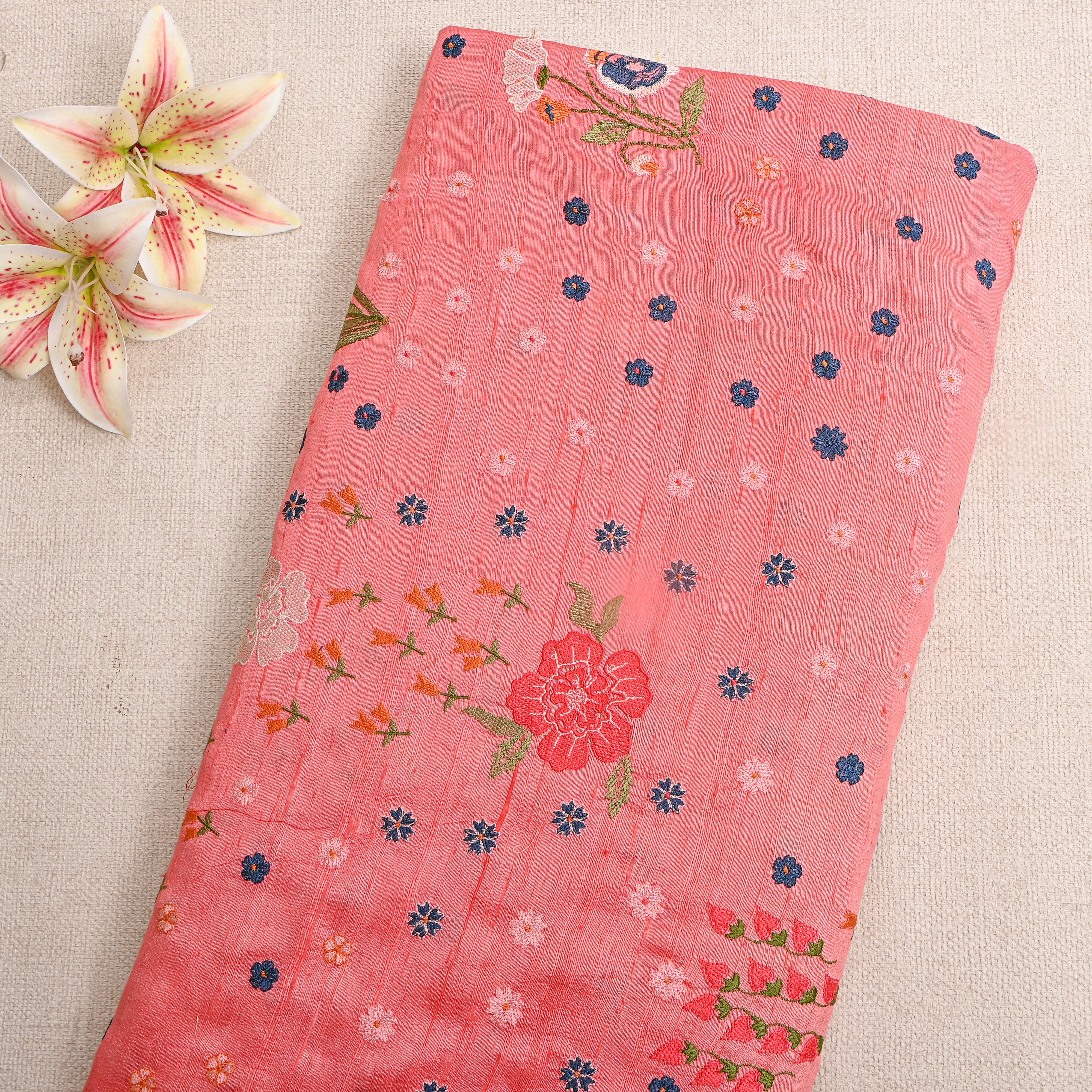 Pink Floral Thread Work Raw Silk Fabric