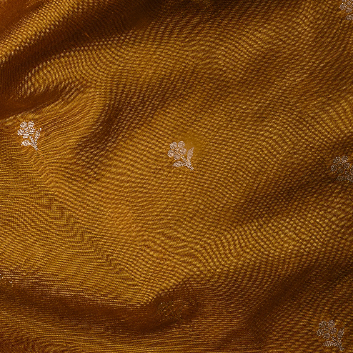 Mustard Yellow Gold Zari Floral Butti Bnarasi Silk Fabric