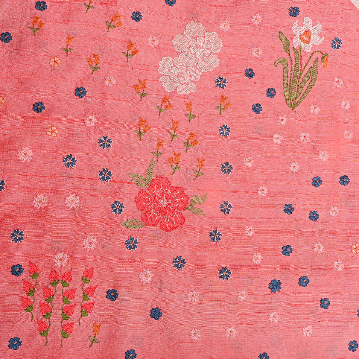 Pink Floral Thread Work Raw Silk Fabric