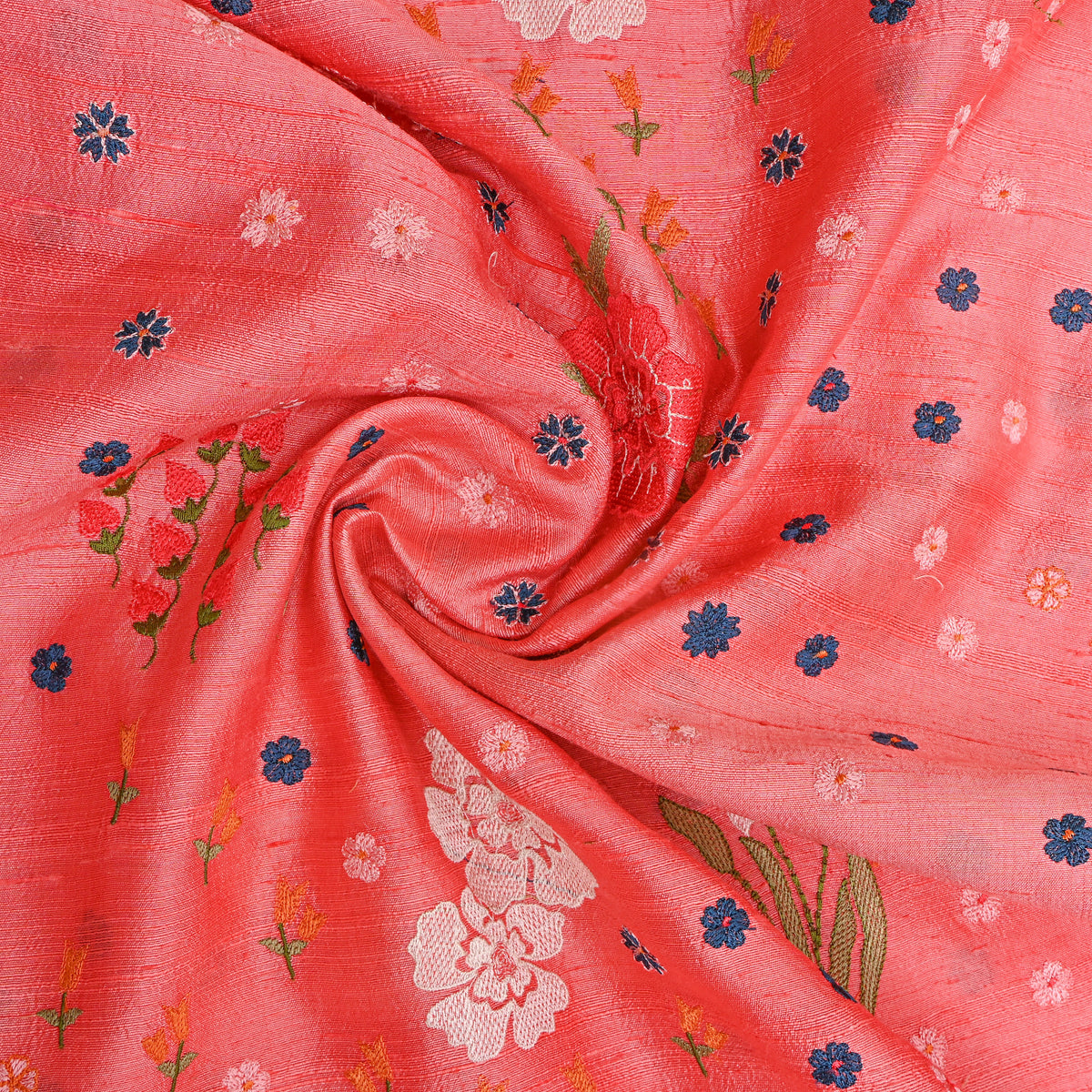 Pink Floral Thread Work Raw Silk Fabric