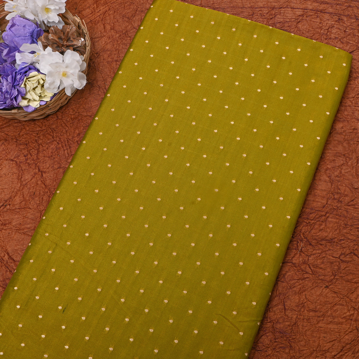 Olive Green Gold Zari Butti Jamawar Silk Fabric