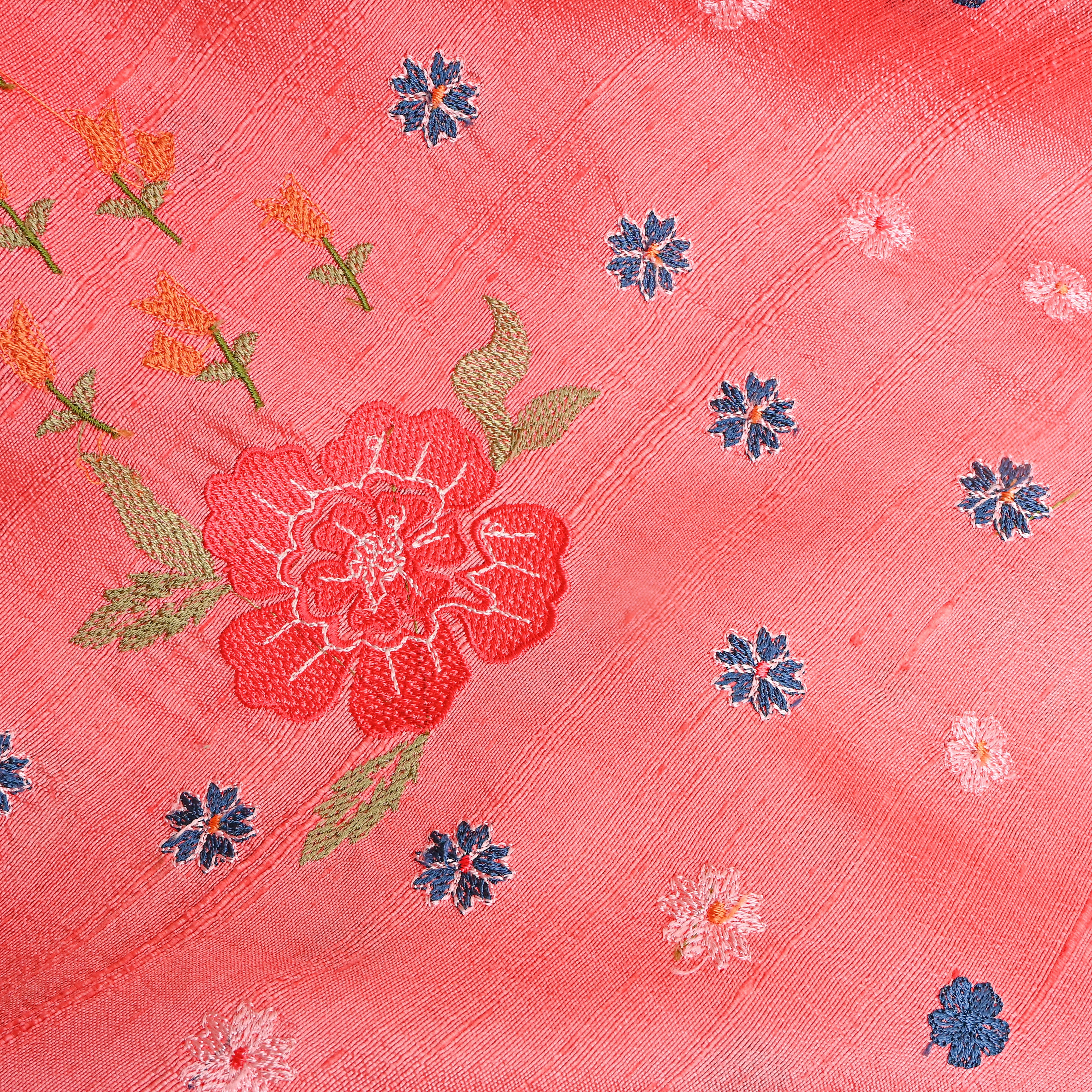Pink Floral Thread Work Raw Silk Fabric