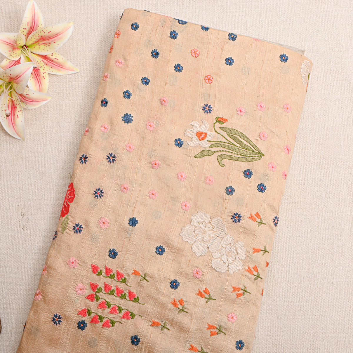 Beige Floral Thread Work Raw Silk Fabric