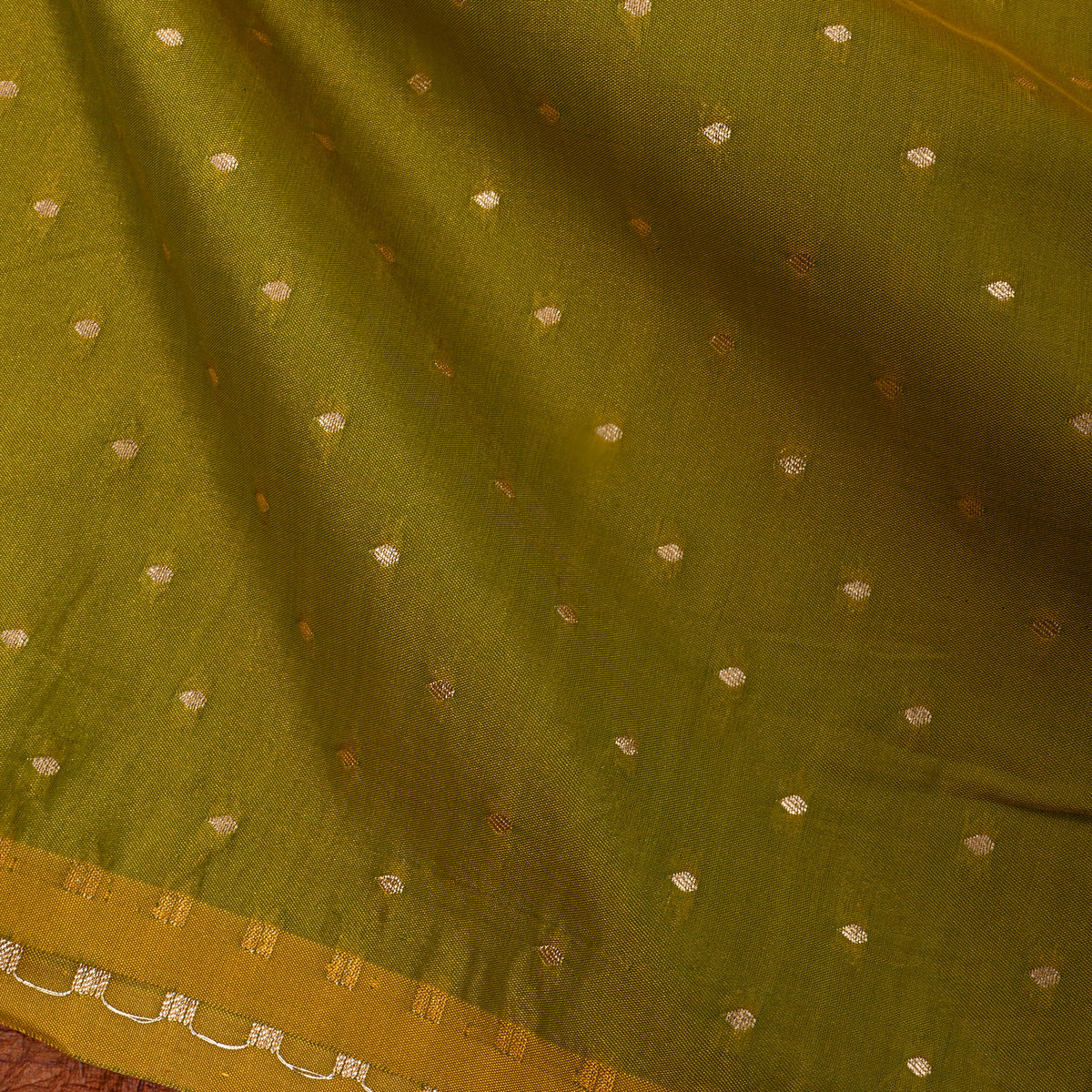 Olive Green Gold Zari Butti Jamawar Silk Fabric