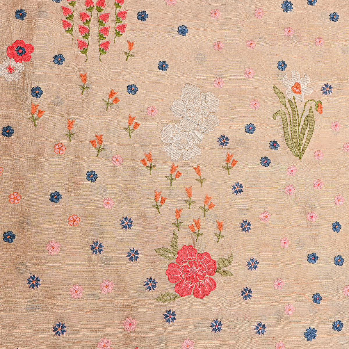 Beige Floral Thread Work Raw Silk Fabric