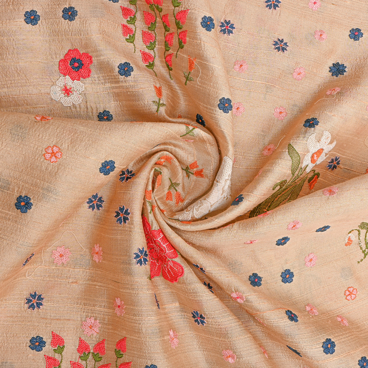 Beige Floral Thread Work Raw Silk Fabric