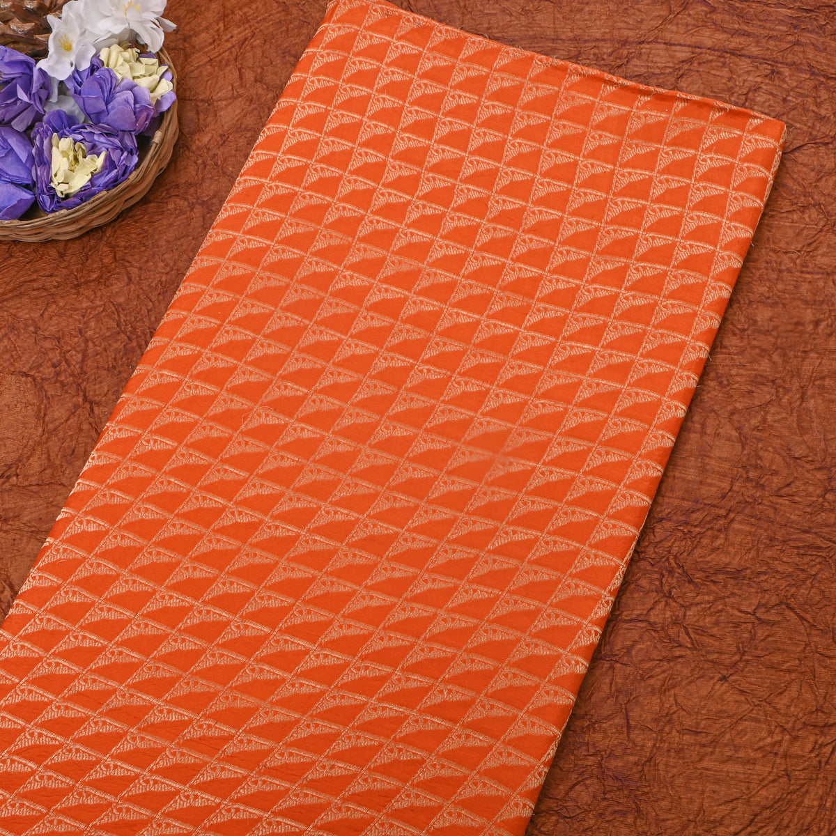 Burnt Orange Jamawar Silk With Gold Check Weave