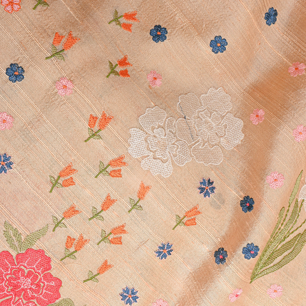 Beige Floral Thread Work Raw Silk Fabric