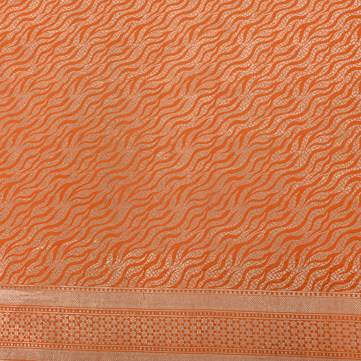 Pumpkin Orange Self Weave Geometric Zari Jamawar Silk Fabric