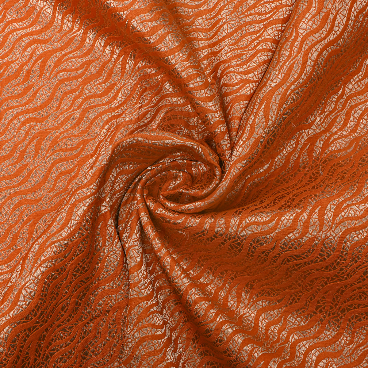 Pumpkin Orange Self Weave Geometric Zari Jamawar Silk Fabric