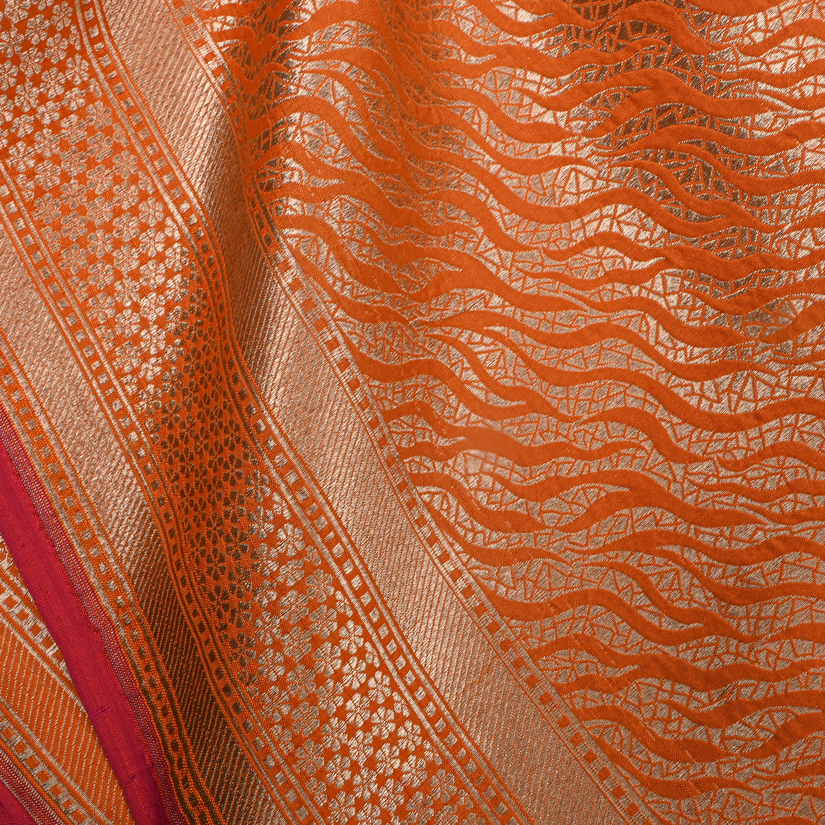 Pumpkin Orange Self Weave Geometric Zari Jamawar Silk Fabric