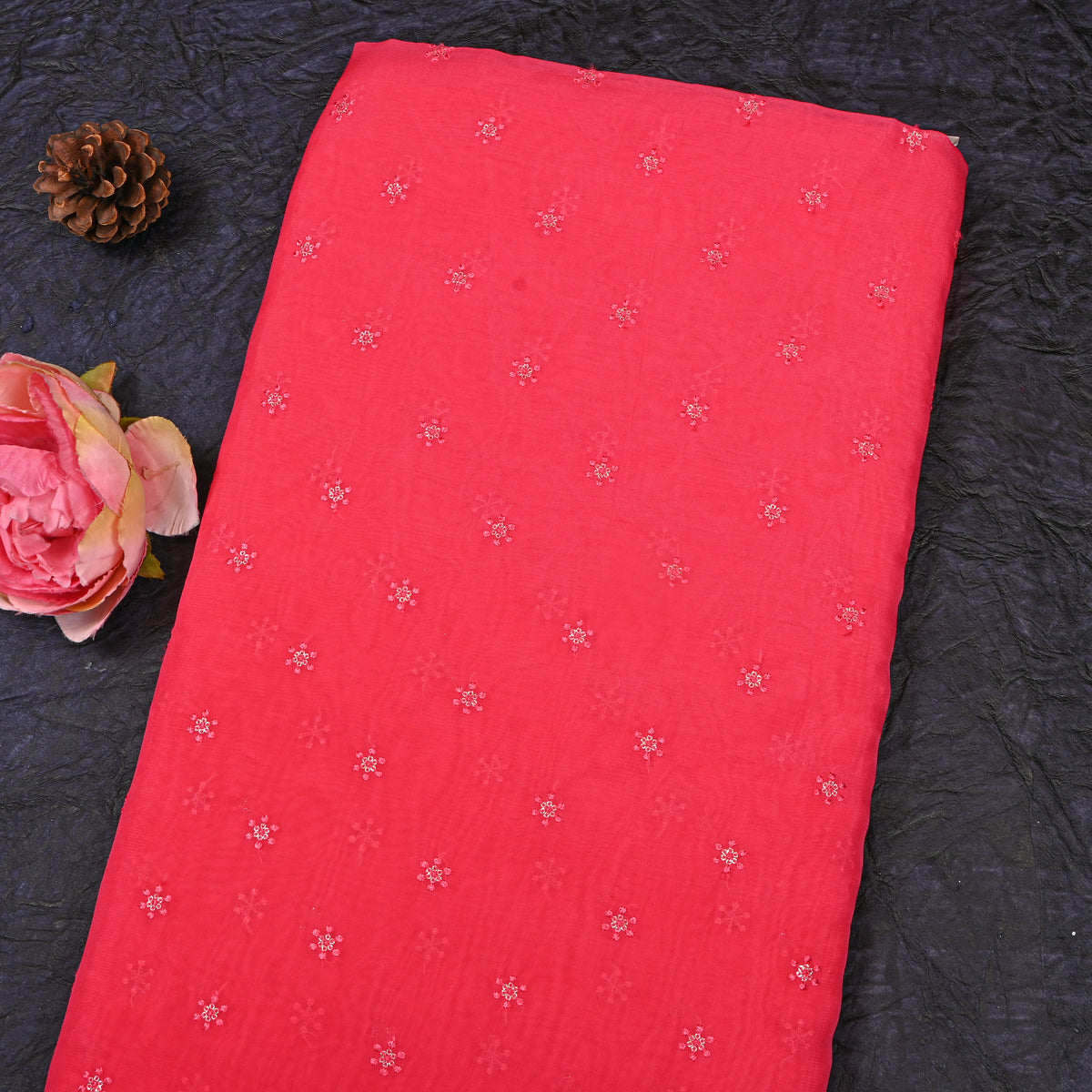 Cherry Red Snowflake Butti Thread Work Organza Fabric