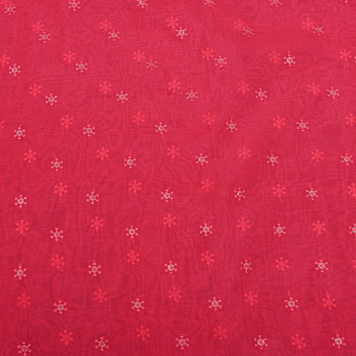 Cherry Red Snowflake Butti Thread Work Organza Fabric